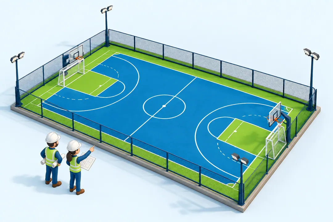 Maquete ilustrada de quadra finalizada, com demarcação e equipamentos.