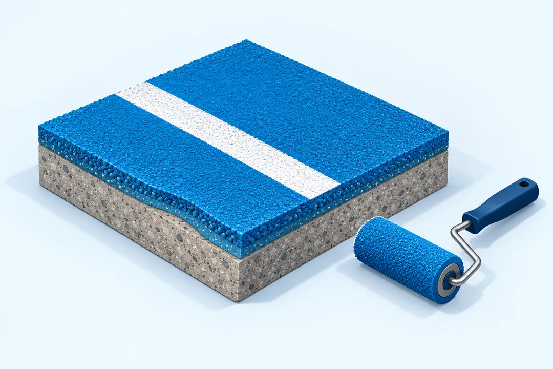 Amostra ilustrada de revestimento acrílico azul sobre uma base.